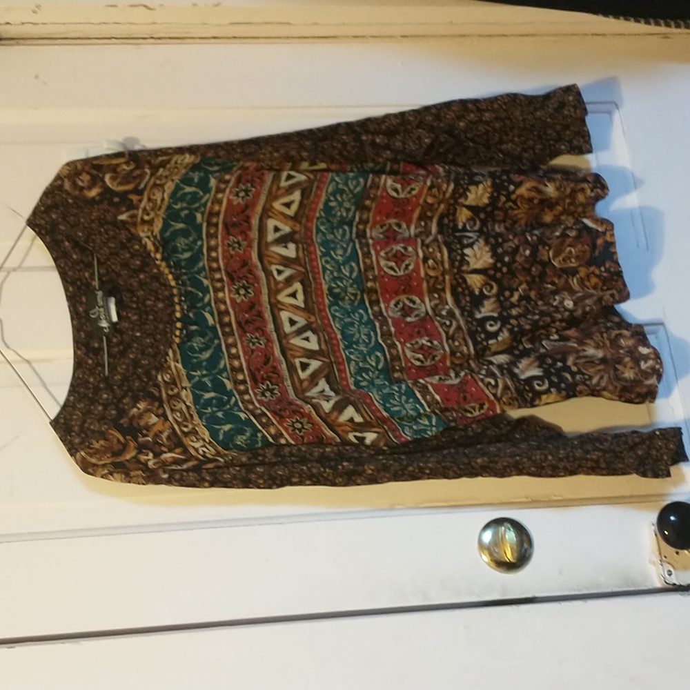 Carole Little vintage beaded neck blouse natural colors bold print size 14